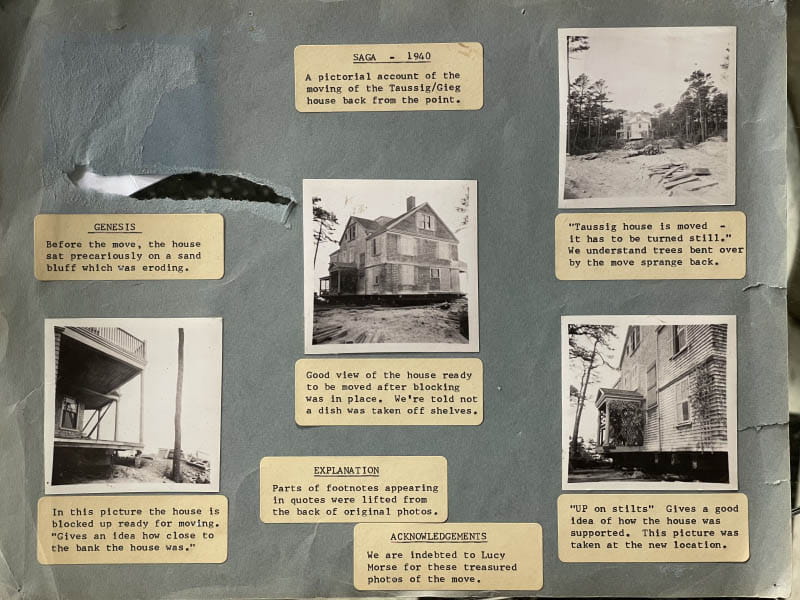 A page from a book shows how the family home of Dr. Helen Taussig was moved back from an eroding sand bluff on Cape Cod in Massachusetts. (Photo courtesy of Mary Henderson)