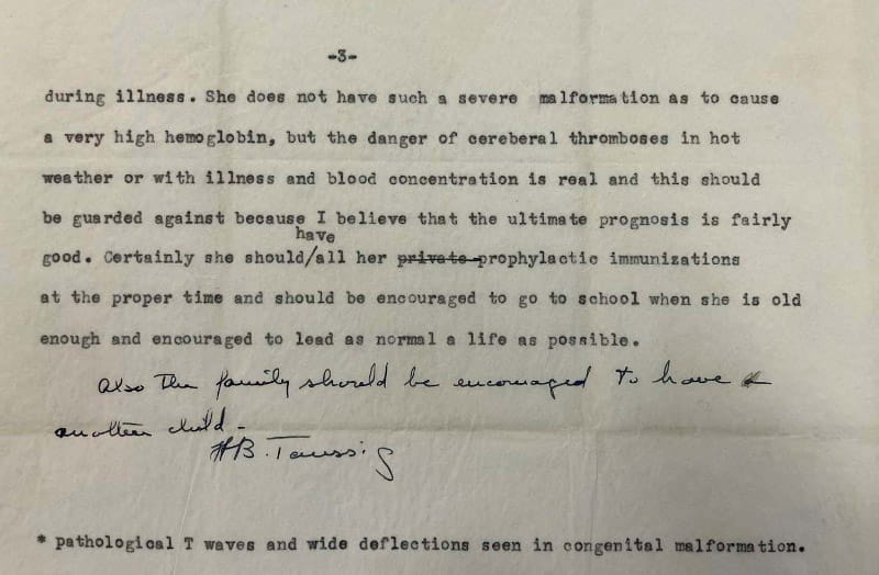 Dr. Helen Taussig often left handwritten notes about her patients. (Photo courtesy of Dr. Thomas Traill)