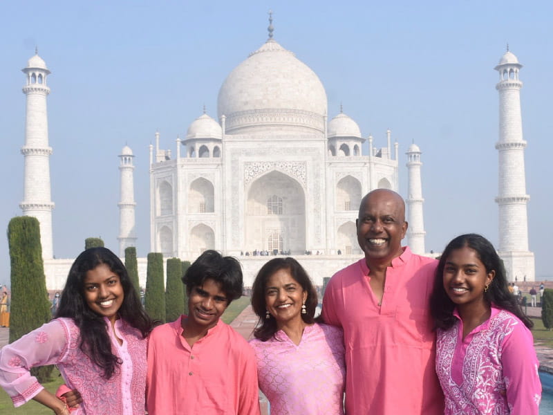 Dr. Latha Palaniappan (center) during a visit to the Taj Mahal in Agra, India, with her husband and children. (Photo courtesy of Dr. Latha Palaniappan)