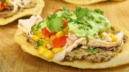 Chicken and Black Bean Tostada with Avocado Cream Chicken and Black Bean Tostada with Avocado Cream