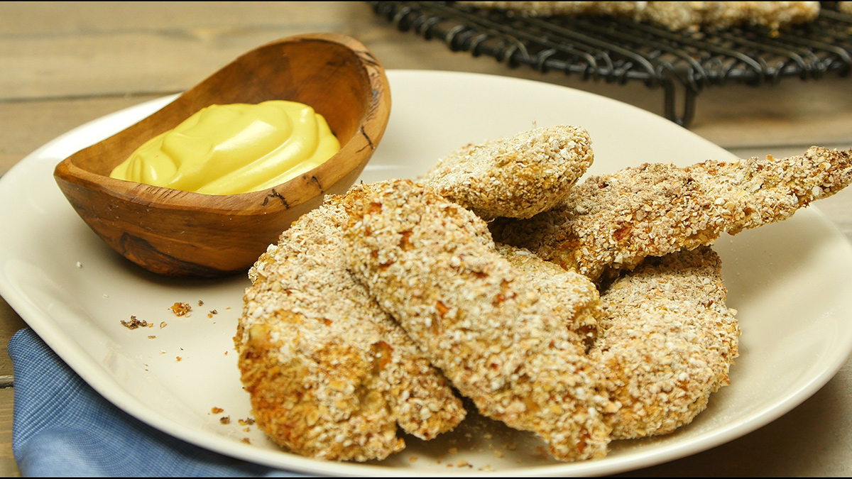 Baked Oat-Crusted Chicken Fingers with Sweet Mustard Sauce
