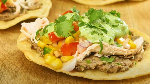 Chicken and Black Bean Tostada with Avocado Cream