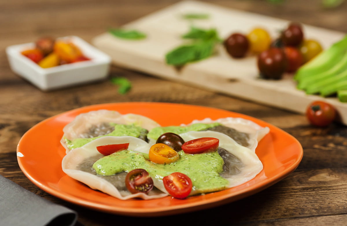 Mushroom Ravioli with Avocado Pesto