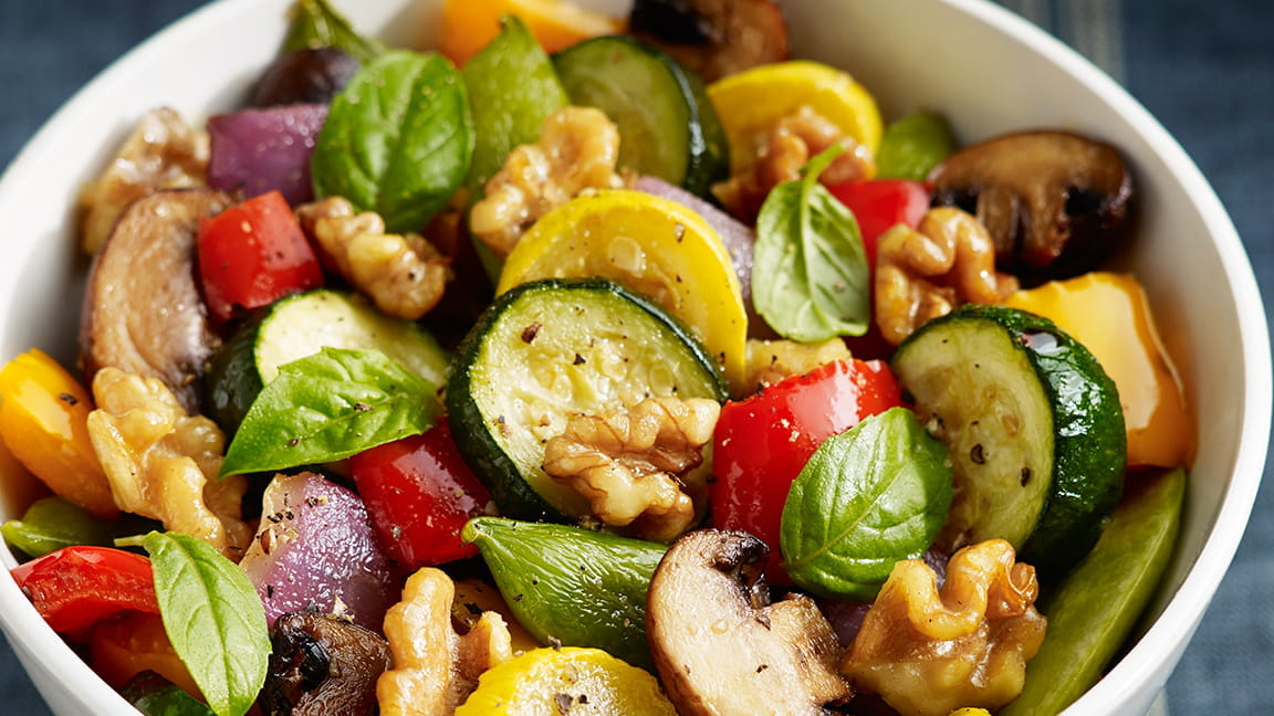 Roasted Vegetables with Walnuts, Basil and Balsamic Vinaigrette
