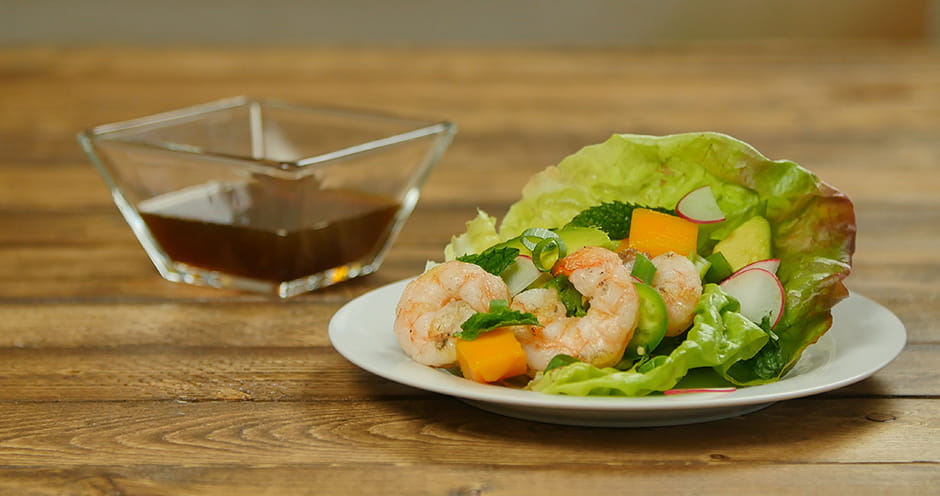 Vietnamese style lettuce wraps with grilled shrimp avocado and mango