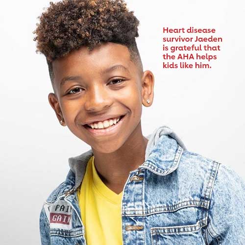Heart disease survivor Jaeden is grateful that the AHA helps kids like him.