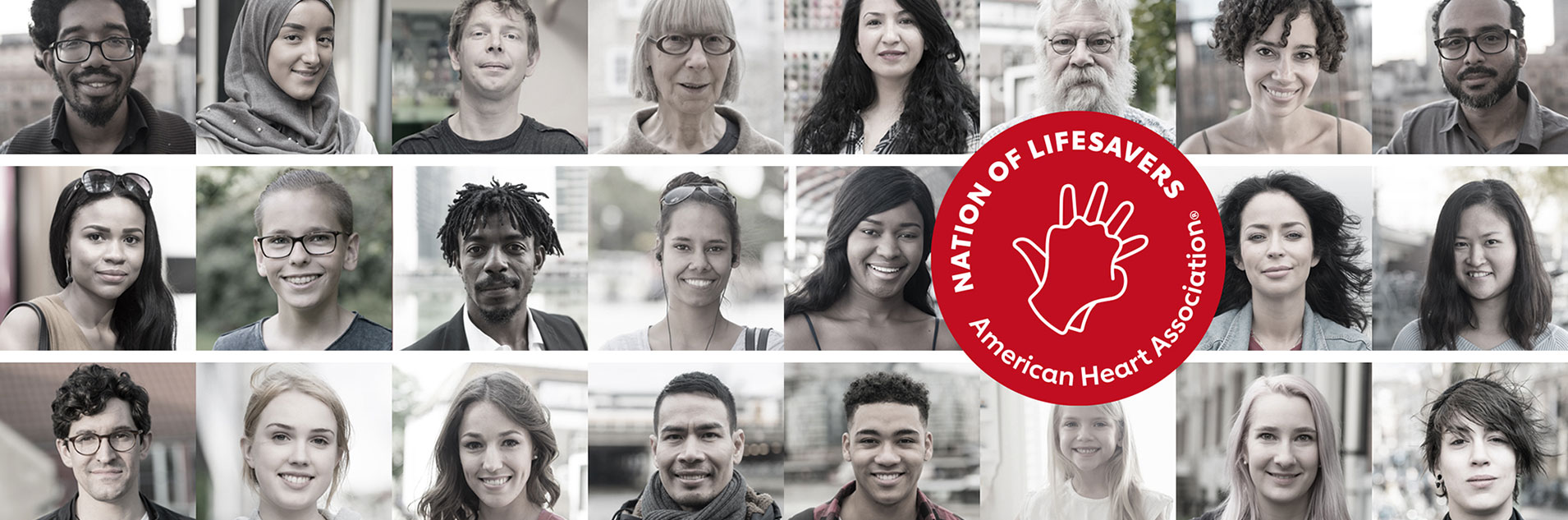 hero banner image with individual photos of twenty four diverse people Nation of Lifesavers