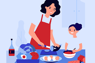 ilustración niño y mamá  reparando alimentos saludables