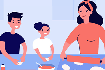 niños cocinando con mamá ilustración