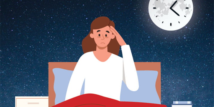 vector illustration of a woman in bed with the moon as a clock