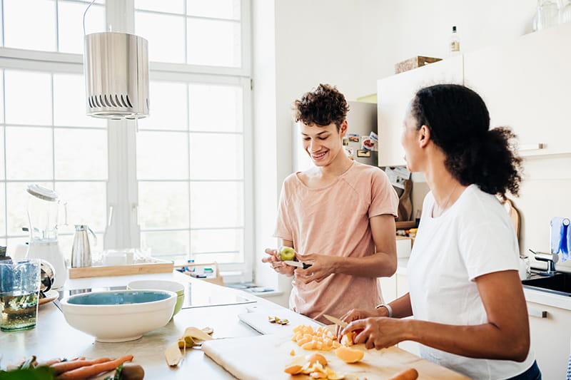 mother and son in kitchen