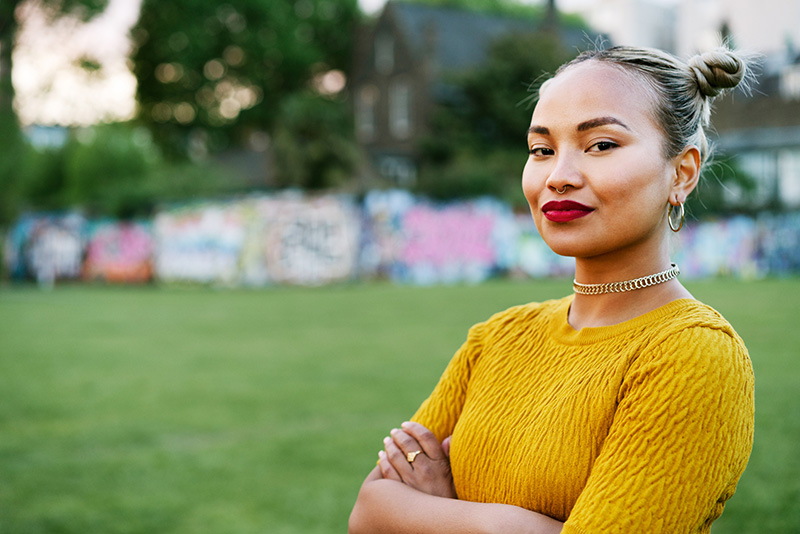 fierce young woman looking into camera