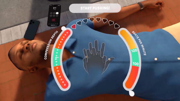 virtual reality animation of where to place your hands over an unconscious man for hands-only CPR
