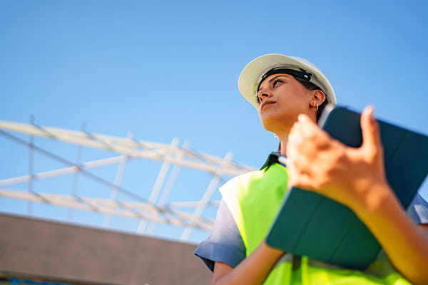 A woman in a hard hat holding a digital tablet while overseeing a construction site