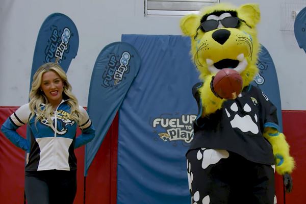 mascot with woman