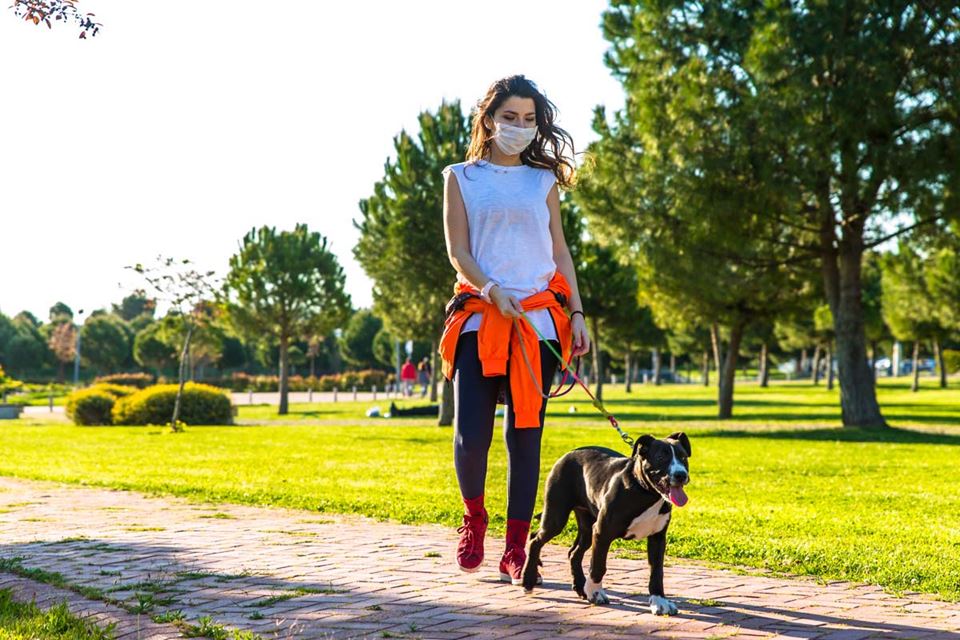 woman in mask walking dog on a path