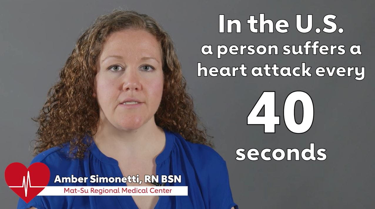 Amber Simonetti looking into the camera against a grey background. Text reads In the U.S.. a person suffers a heart attack every 40 seconds