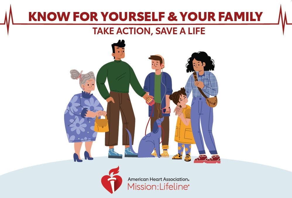 Mission: Lifeline Alaska learn the warning signs of heart attack and share them with coworkers, friends and family. Know for yourself and your family. Take action, save a life. cartoon of a family with a dog. American Heart Association, Mission: Lifeline logo