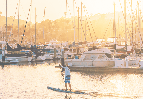 man paddleboarding in the Santa Barbara harbor at sunset