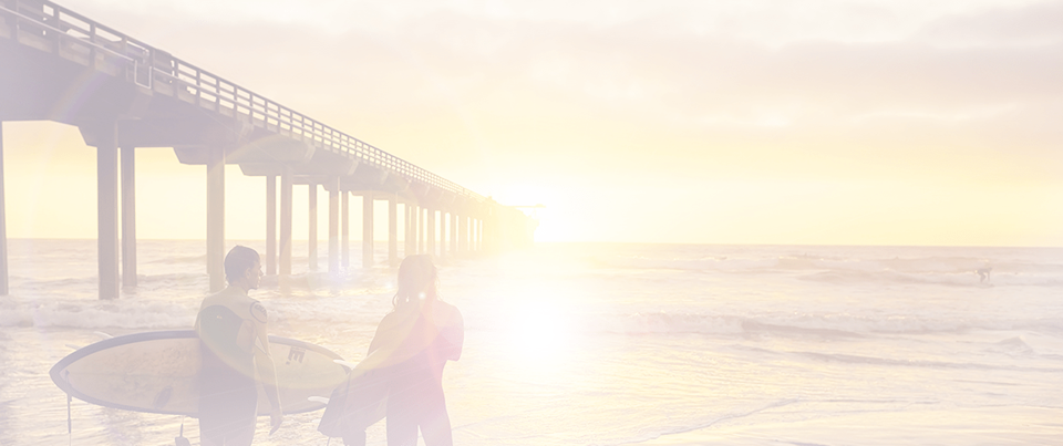 San Diego header image surfers at sunset on the beach in San Diego
