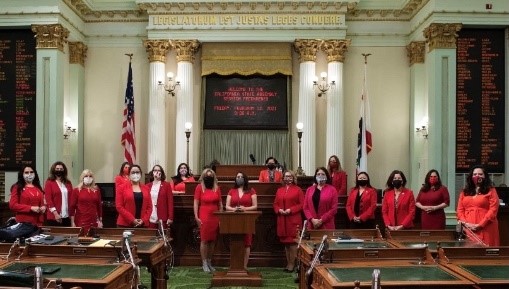 women wearing red suits and protective face masks at the California state capitol