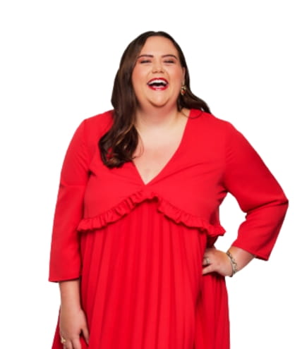 woman in red dress laughing