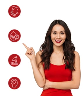 woman in red smiling and pointing to icons of CPR, blood pressure, research