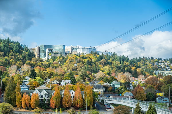 View of OHSU on Marquam Hill from south waterfront campus