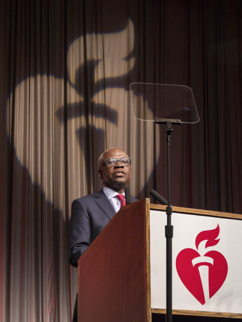 As American Heart Association president, Dr. Ivor Benjamin addresses attendees of the 2019 International Stroke Conference in Honolulu. Benjamin's connection to the AHA dates to 1997, when the organization provided his first research grant. (American Heart Association)