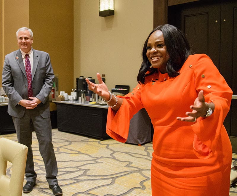 Dr. Albert addresses AHA leaders including outgoing President Dr. Donald Lloyd-Jones (left) in late June on the eve of her term as AHA president. “AHA leaders not only want to make a difference in the world, they make it happen,” she says. (American Heart Association)