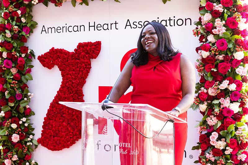 Dr. Albert speaks last month in East Palo Alto, California, at the Bay Area Go Red at Night event promoting women's heart health. As the founding director of the University of California San Francisco NURTURE Center, Dr. Albert aims to curb adversity-related health risks, particularly among women as well as underrepresented racial and ethnic populations. (Photo courtesy of Michelle Albert)