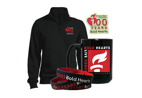 collage image with AHA quarter zip fleece and AHA coffee mug and AHA 100 years pin