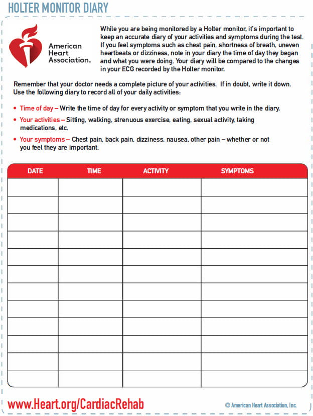 Holter Monitor Diary American Heart Association