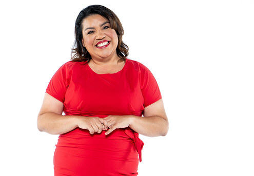 Woman posing in red dress