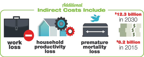 Additional Indirect Costs Include work loss, household productivity loss, premature mortality loss - Infographic
