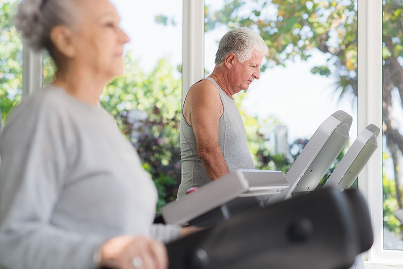 senior couple on treadmills