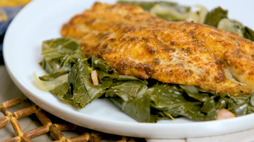 Baked Cajun Catfish and Easy Collard Greens