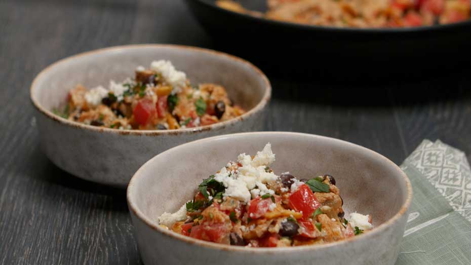 Black bean chilaquiles in bowls