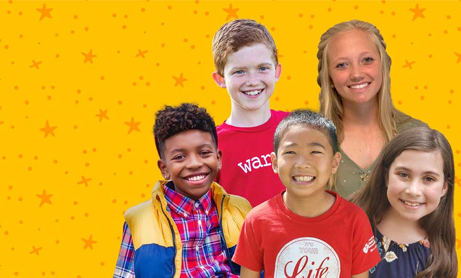 Photo collage, group of kids on yellow background with stars