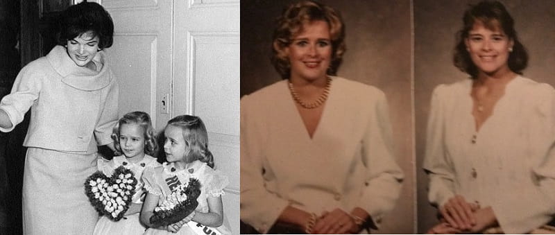 Left photo: First lady Jackie Kennedy with Debbie and Donna Horst as children. Right photo: Donna and Debbie as adults.