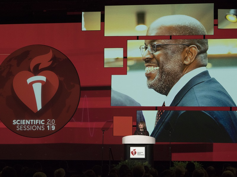 Nancy Brown pays tribute to Bernard J. Tyson, CEO of Kaiser Permanente, and member of the American Heart Association Board of Directors. (AHA/Phil McCarten 2019)