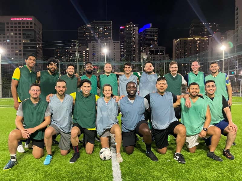 Dr. Gustavo Vargas and Dr. Arianna Heyer (bottom row, third and fourth from left) with some of the more than 200 doctors from south Florida hospitals who meet up to play soccer twice a week. (Photo courtesy of Dr. Gustavo Vargas)