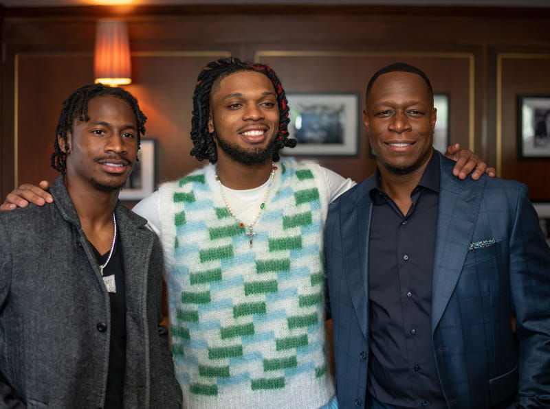 Los Angeles Rams defensive coordinator Raheem Morris (right), Bills safety and cardiac arrest survivor Damar Hamlin and Rams receiver Tutu Atwell at an American Heart Association event supporting the Nation of Lifesavers initiative. (American Heart Association)