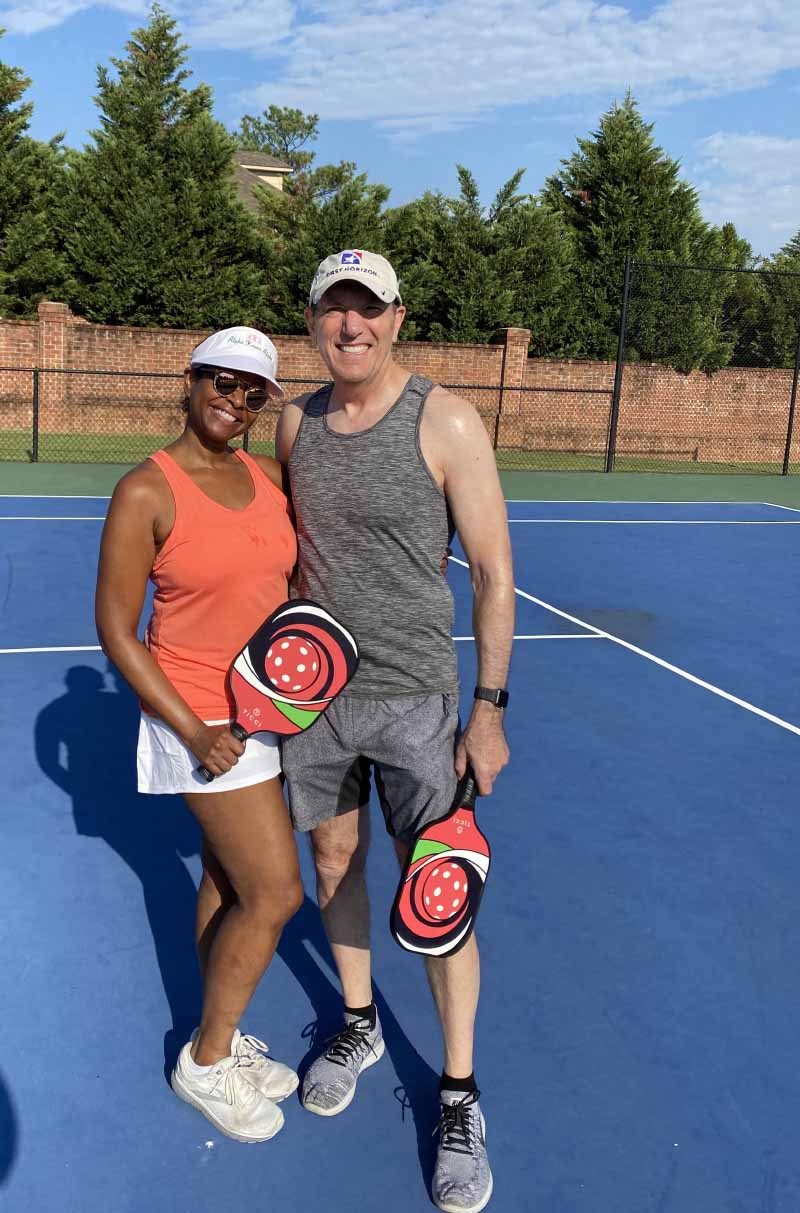 Heart transplant recipient John Daniel (right) and his wife, Leslie, turned to the tennis court at their condominium in Bartlett, Tennessee, to play pickleball. (Photo courtesy of John Daniel)
