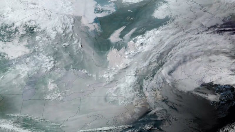 Smoke from Canadian wildfires drifts over the United States on June 6, 2023, as observed by the GOES-16 satellite. (National Oceanic and Atmospheric Administration)
