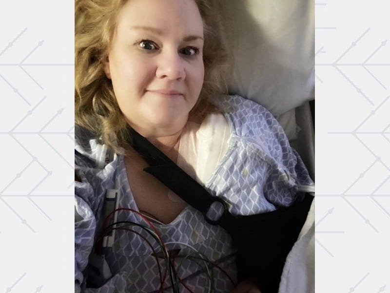 Amy with an implanted ICD in her chest, placed in 2020 at Stanford Medical Center, which helps regulate her heart rhythm with electric pulses.
