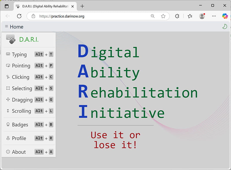 screenshot of web-based tool DARI created by Yutao Huang to help other stroke survivors practice digital tasks