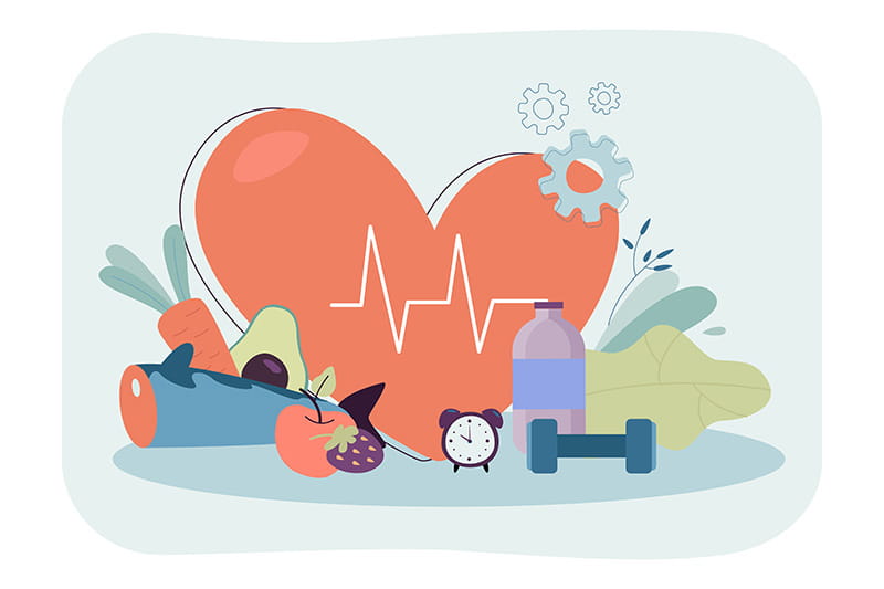 illustration of a cartoon heart with a heartbeat graph on it, surrounded by healthy food and health related items