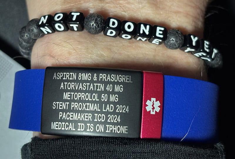 Patrick’s “Not Done Yet” bracelet that inspired first responders.