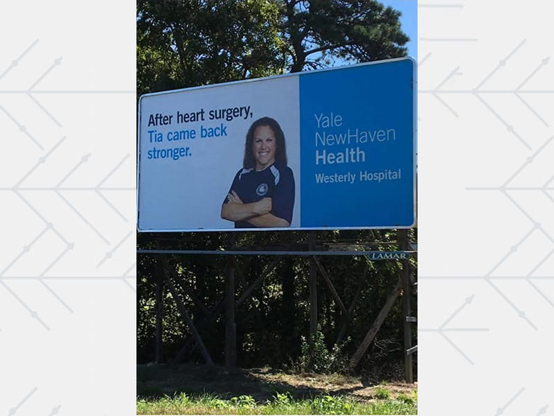 Tia Emard featured on a billboard by a local hospital in 2018 after she survived a heart attack
